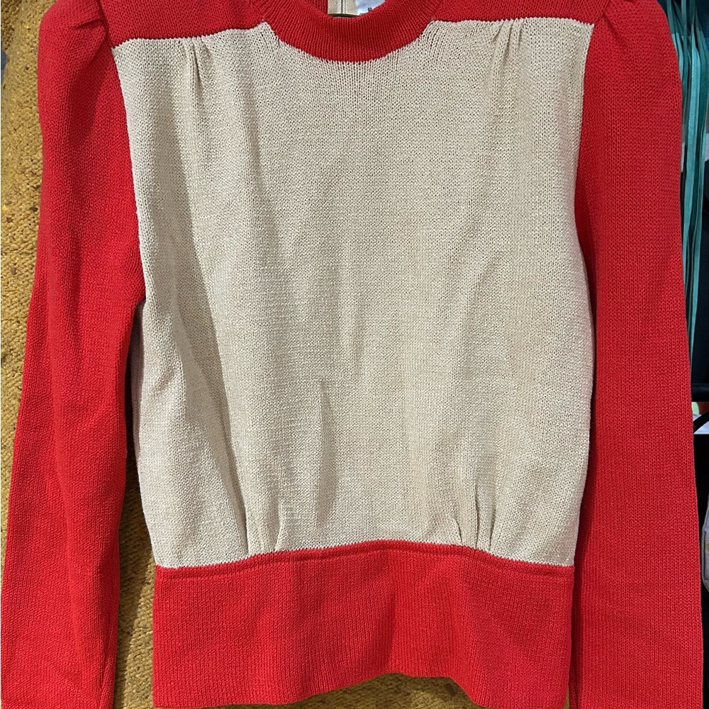 Elegant Vintage St. John Red and Cream Crew Neck Sweater with Knit Skirt